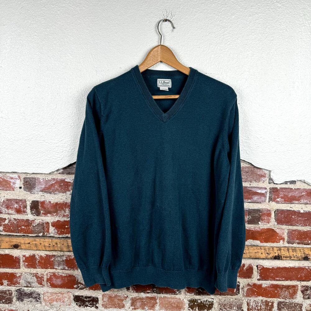 Vintage LL Bean Sweater XL Green Blue Cotton Cashmere V Neck Pullover Classic